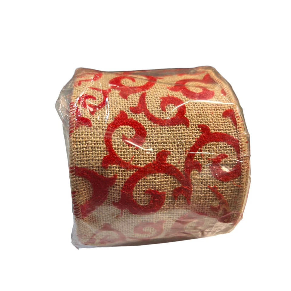 Red Beige Burlap Wired Christmas Ribbon 4"" x 10 Yards Made In India Scroll - Image 3 of 4