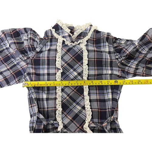 Vintage Plaid Dress Lace Trim High Neck Long Sleeve Cottagecore Size 14 - Picture 5 of 8