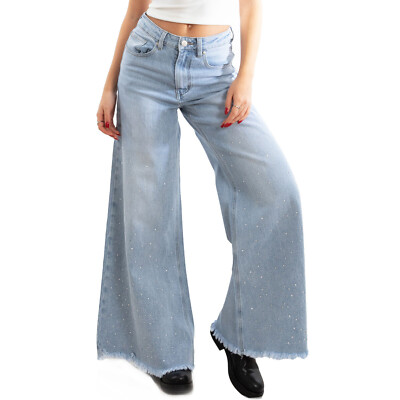 Damen Jeans Denim Schlag Hosen Strass Weit TOOCOOL FX1243