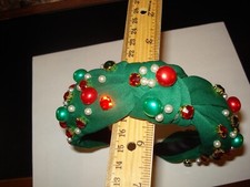 Christmas Prong Set Rhinestone/ Pearl Fabric Green Knotted Headband