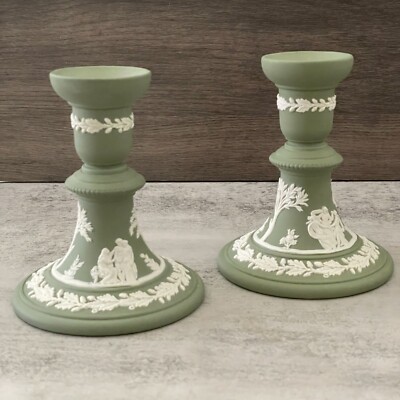 Wedgwood Green Jasperware Set of Two 5" Reading Candlesticks