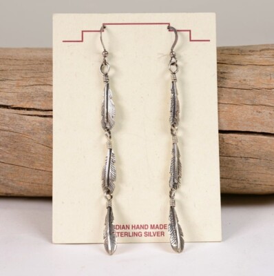Navajo Sterling Silver Feather Earrings Drop With Wire French Hook