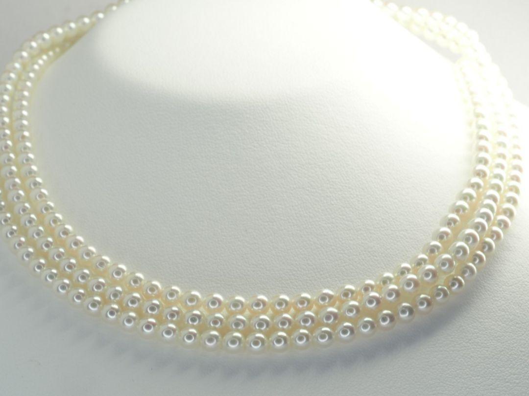 TASAKI Necklace Akoya Pearl Triple Strand 4mm Silver approx TASAKI Necklace Akoya Pearl Triple Strand 4mm Silver approx