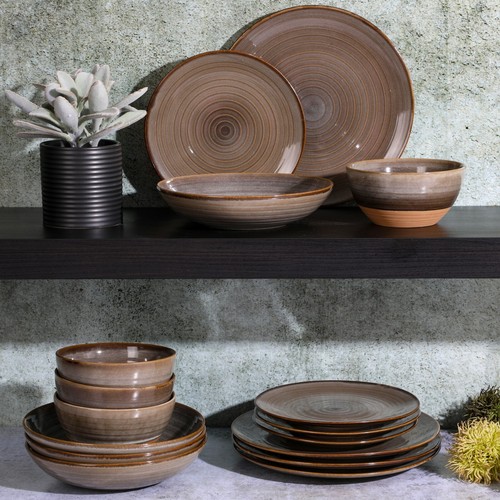 Gibson Elite 16-Piece Dreamweaver Double Bowl Dinnerware Set - Earthy Brown - Picture 2 of 6