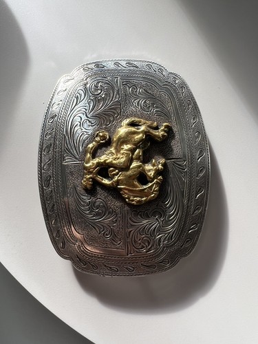 Vintage Bucking Bronco Western Silver Belt Buckle - Hand Engraved - Beautiful! - Picture 4 of 6