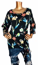 Rafaella 1X Plus Top Stretch Floral Print Crew Neck Side Knot Tie Tunic 3/4 Slv