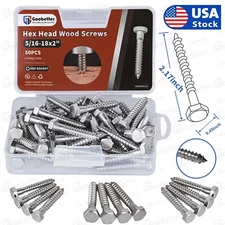 50PCS Hex Head 5/16"-18x2" Lag Bolts Stainless Steel Wood Screws Hex Head Screws