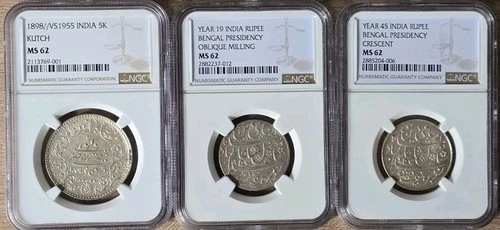LOT OF 3 INDIA BENGAL SILVER RUPEE & KUTCH 5 KORI NGC MS62