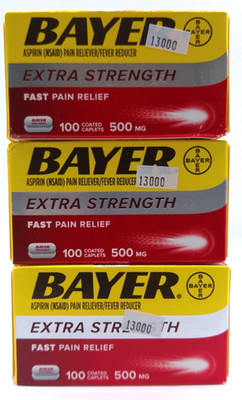 3PK- Bayer Asprin Extra Strength, 300 Coated Caplets Total, Exp. 8/27