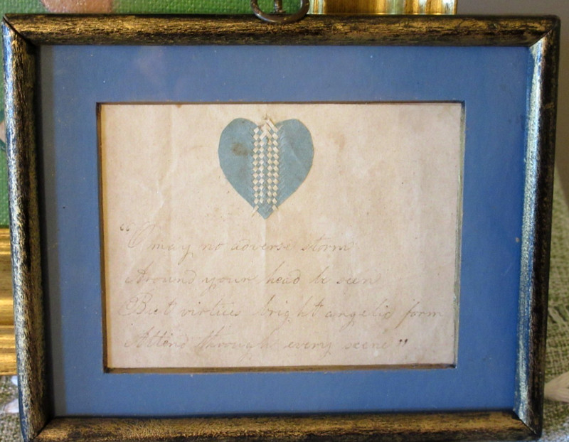19thC Antique Miniature Blue Woven Paper Heart with Original Friendship Poem