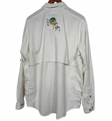 Guy Harvey AFTCO Bluewater Fishing Shirt Mens Large White Vented Mahi Mahi LS