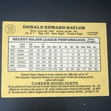 1985 Donruss Don Baylor #173 New York Yankees MLB Base Set Baseball Trading Card