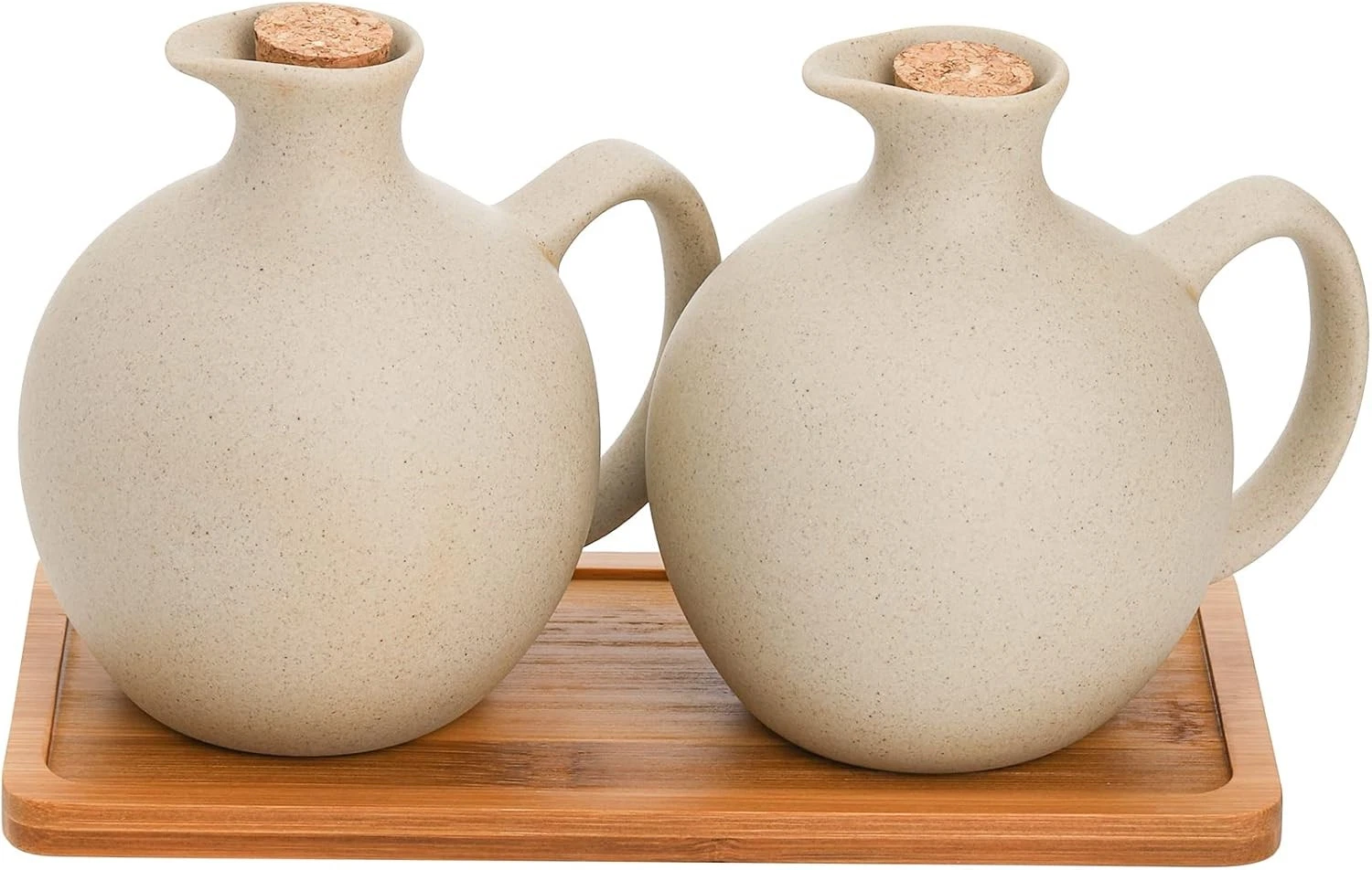 Set of 2 Ceramic Oil Vinegar Dispenser W/ Cork & Tray 15 Oz Tabletop Oil Bottles