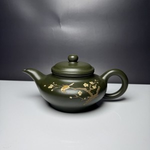 Chinese Antique Style Green Yixing Zisha Floral Teapot Clay Pot