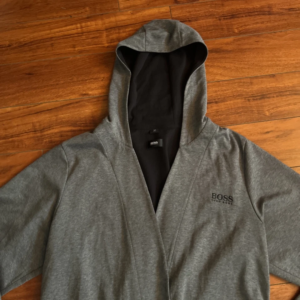 Hugo Boss Kimono Belted Rope Gray Hooded Bathrobe Men's L Embroidered Robe Gown - Image 3 of 4