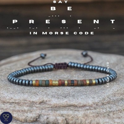 Morsecode BE PRESENT Armband grau Hämatit Picasso Jaspis verstellbar