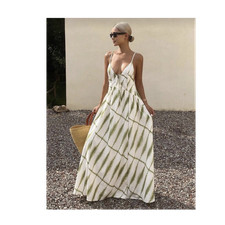 Sleeveless V-Neck Maxi Dress White Green Geometric Pattern Lightweight Strappy