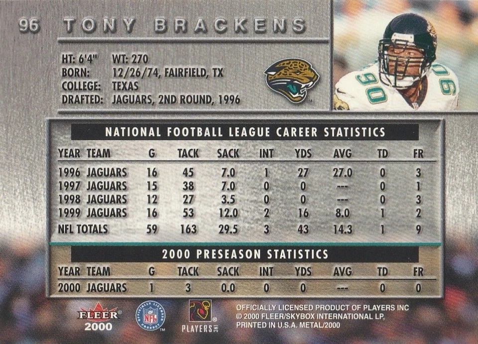 2000 Metal #96 Tony Brackens - Image 2 of 3