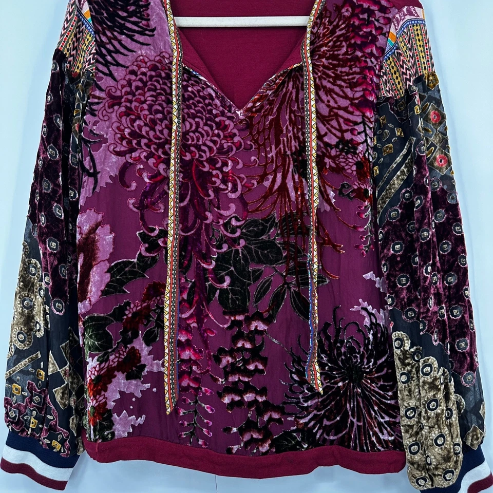 Top manga larga HALE BOB terciopelo Burnout estampado floral borla cuello en V para mujer talla S Foto 3 de 4
