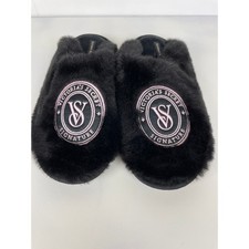 NWT Victoria's Secret Black Faux Fur Closed-Toe Slippers Signature Crest Medium