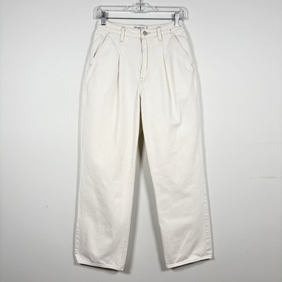 Abercrombie & Fitch Neutral Pleated Curve Love Off White High Rise Loose Jeans