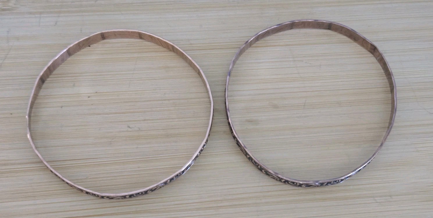 Pair Solid Copper Bangle Bracelets Etched Scroll … - image 6