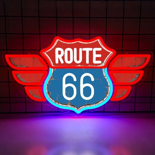 UV Printed Route 66 Neon Sign Vintage Route 66 Garage Wall Decor Dimmable Hig...