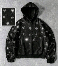 New Luxury Men Women Diamond Stars Rhinestones Fashion Black Hoodie High Quality