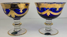 Vintage Italian Interglass 24K Gold Cobalt Blue Glass Compote Serving Bowl Set 2