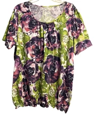 Just My Size Top Plus Size 2X Purple Green Floral Short Sleeve Elastic Hemline