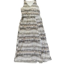 Sejour Jersey Maxi Tank Dress Pockets Sleeveless Zig Zag Black Tan Cream Plus 0X