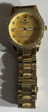 Men  s Luxury Gold Stainless Steel Quartz Watch with Crystal Bezel  Calendar Dis