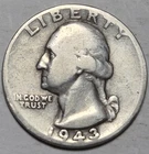 1943D Washington Silver Quarter. Good Condition.