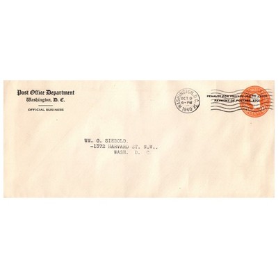 1940 10-9 Postal Cover Post Office Dept Washington DC Official Business AD8