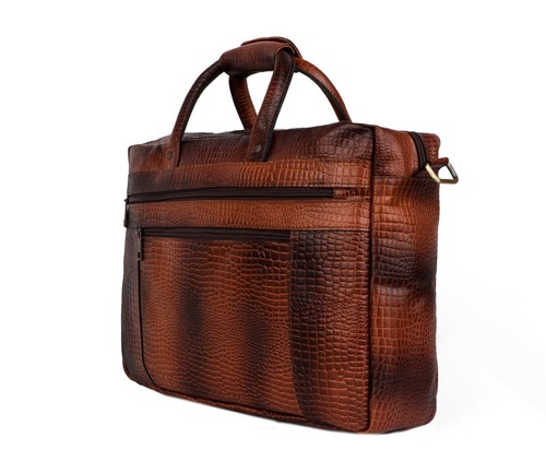Handcrafted Leather Laptop Messenger Bag – Croc Texture – Vintage Brown - Zdjęcie 2 z 5