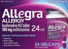 Allegra 24HR Allergy Relief HCI 180mg 24 Gelcaps, NEW FREE SHIP exp. 2/2027
