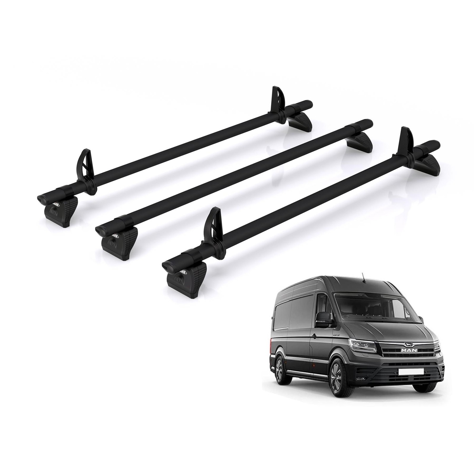 MAN TGE Roof Rack for 2017+ 3x Roof Bars Rhino Kammbar Black