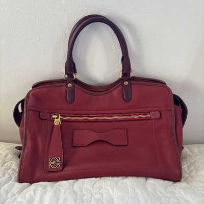 Authentic LOEWE Leather Handbag Tote Bag Brown Red limited edition Gold Zipper