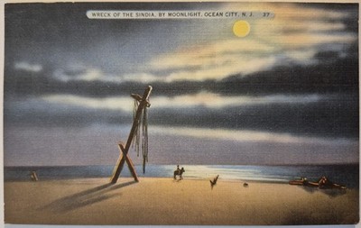 Vintage Postcard Sindia Ship Wreck By Moonlight Ocean City New Jersey  AA110