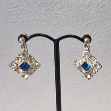 Vintage Silver Tone Blue & Clear Crystal Screw Back Drop Earrings