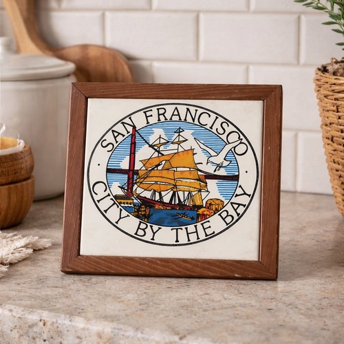 Vintage San Francisco Stadt an der Bucht Keramikfliese Untersetzer Wandrelief Segeln Sh - Bild 3 von 3