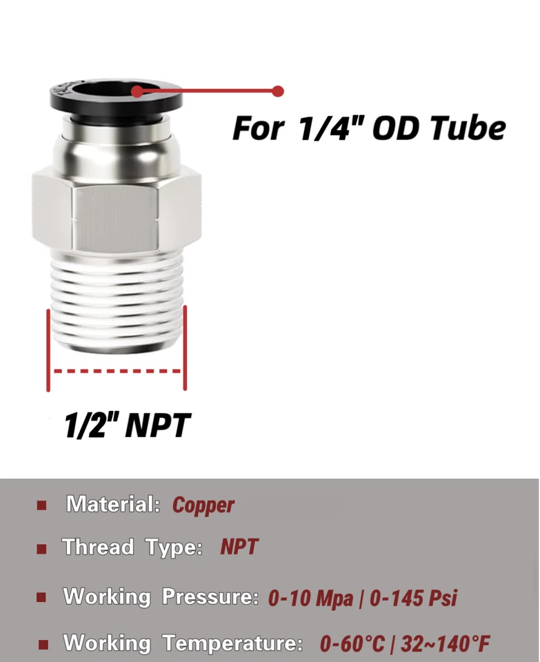 Tubo de 1/4" OD a 1/2" NPT rosca macho empuje para conectar accesorios de manguera recto 5 piezas Foto 2 de 4