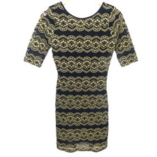 Gianni Bini Black & Gold XS Formal Body 3/4 Sleeve Sheath Cocktail Party Dress