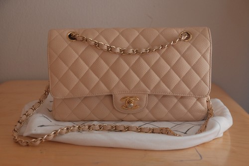 AUTHENTIC Chanel Medium Classic Flap in Beige Clair Caviar GHW