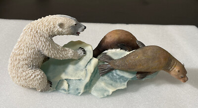 Vintage Polar Bear Hunting Seals on Glacier Resin Sculpture