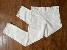 Vintage 1940s Sailor Pants, White Canvas Deck Pants, Celluloid Buttons, 40 x 34