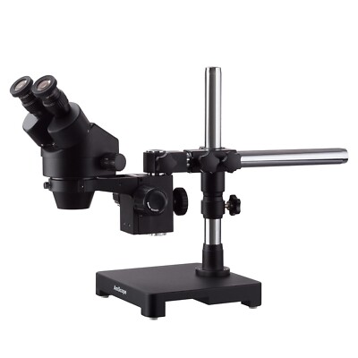 Amscope 7X-45X Stereo Zoom Binocular Microscope w Single Arm Boom Stand - Black