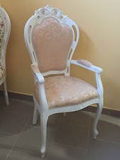 SEDIA CAPOTAVOLA TRAFORATA IN LEGNO, SHABBY CHIC BIANCA , STOFFA COGNE PESCA