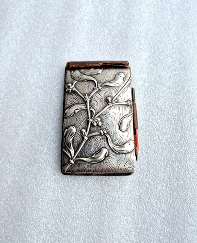 alter 830 Silber Jugendstil Notizblockhalter mit Stift - florales Blütenmotiv