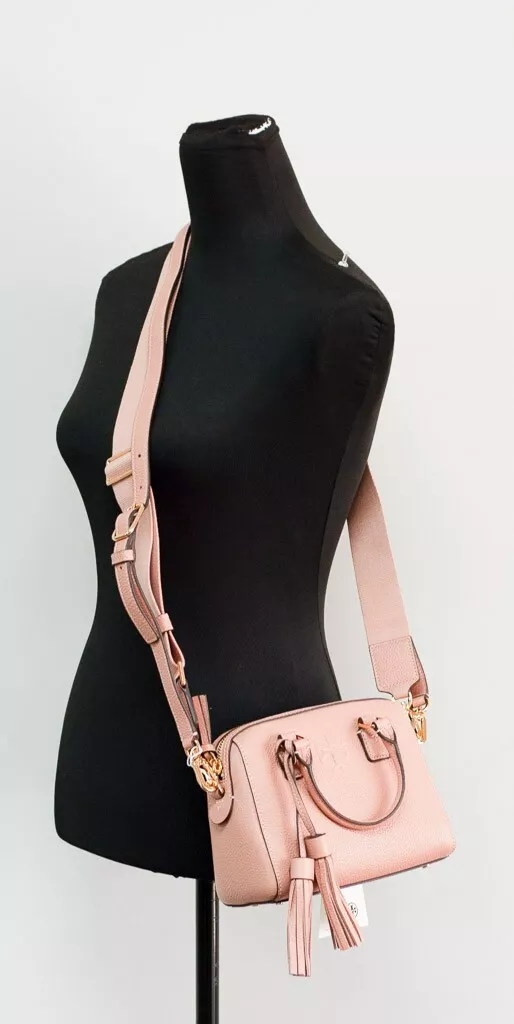 Tory Burch Thea Mini Pink Moon Pebbled Leather Web Satchel Crossbody Bag  196133098479